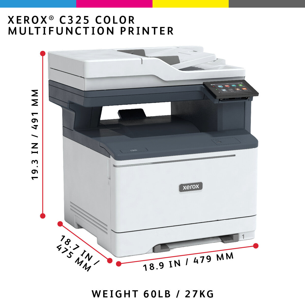 Xerox C325, A4, 33 ppm trådløs dupleks kopi/print/scan/fax PS3 PCL5e/6, 2 magasiner, i alt 251 ark