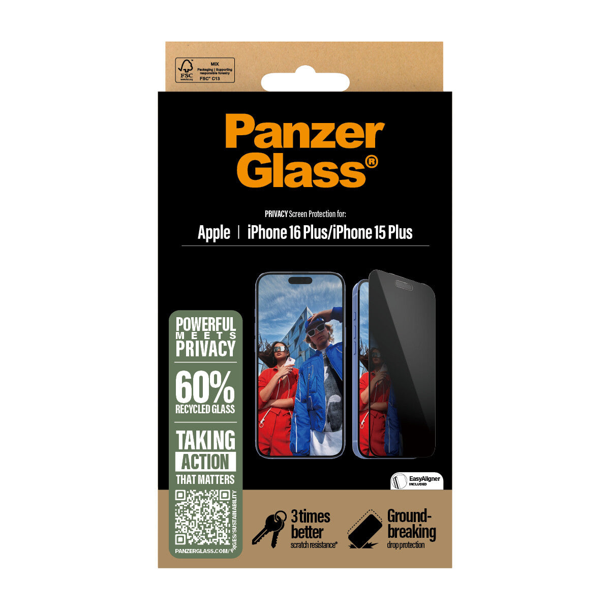 PanzerGlass ® 2-Way Privacy Skærmbeskyttelse iPhone 16 Plus | 15 Plus | Ultra-Wide Fit m. EasyAligner