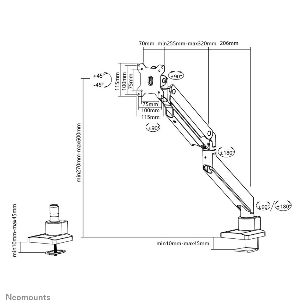 Neomounts NM-D775WHITEPLUS Monitor arm 10-49" - gas spring - Topfix - 180°-stop