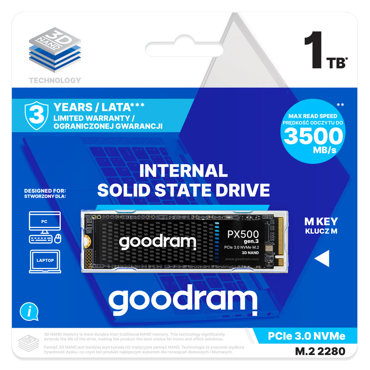 Goodram PX500 GEN.3 SSDPR-PX500-01T-80-G3 intern solid state drev 1 TB M.2 PCI Express 3.0 NVMe 3D NAND