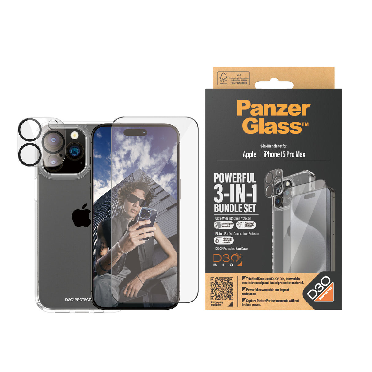 PanzerGlass ® 3-i-1 Pakke iPhone 15 Pro Max