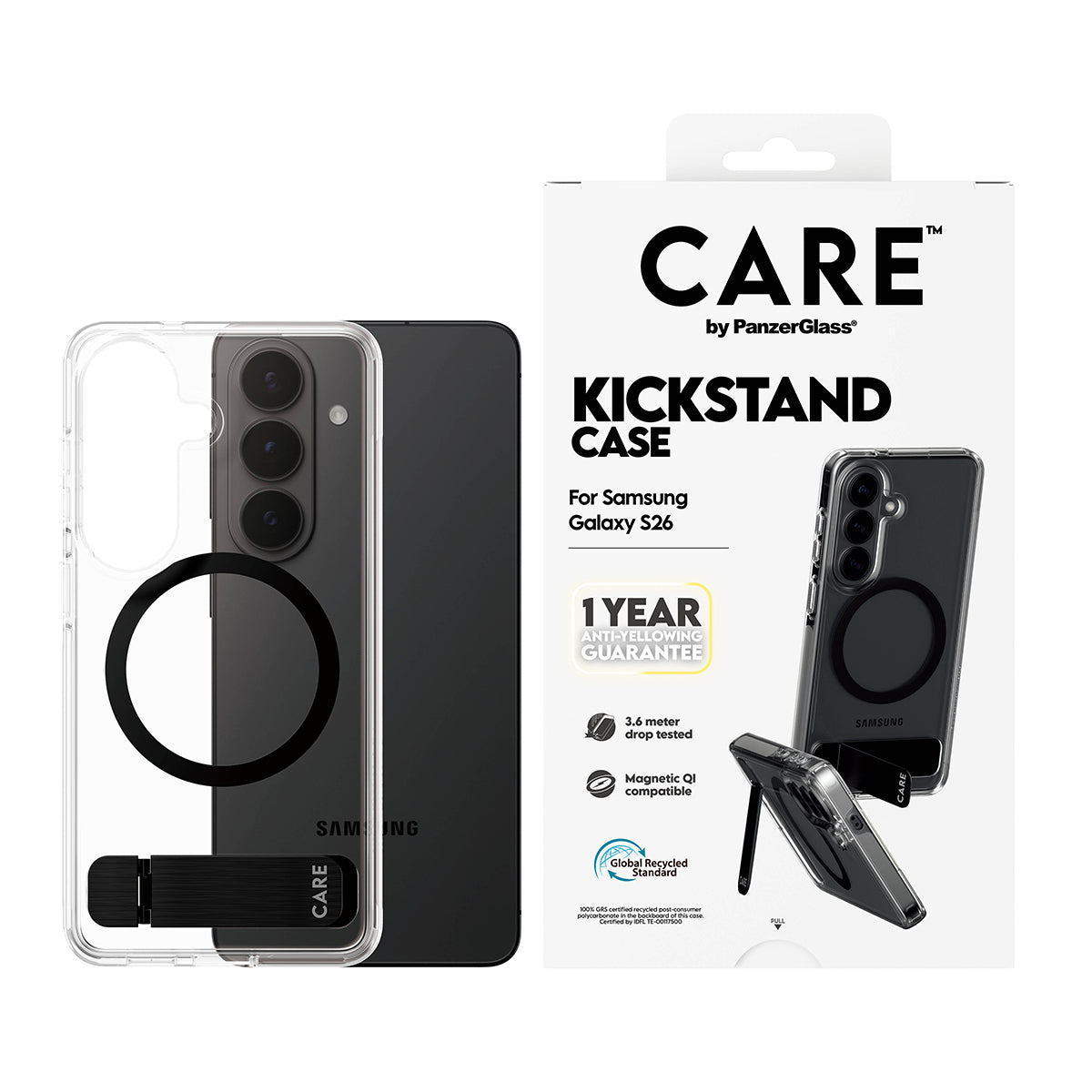 CARE by PanzerGlass Urban Explorer Case Transparent w. Black Kickstand & Qi Samsung Galaxy S26