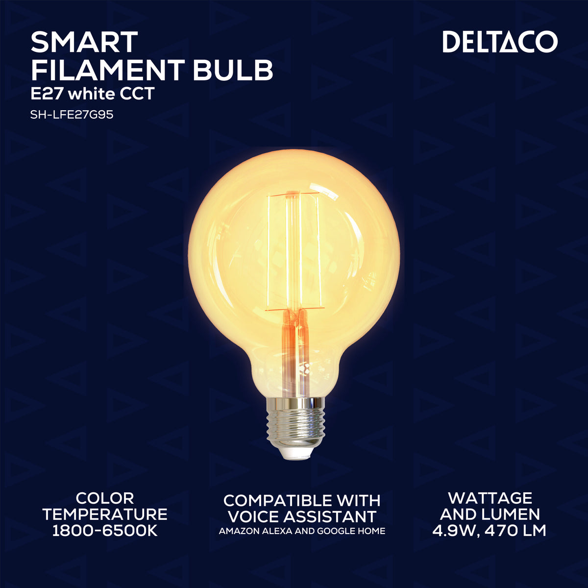 Deltaco SMART H LED filament lamp E27 WiFI 2.4GHz 4.9W 470lm Dim