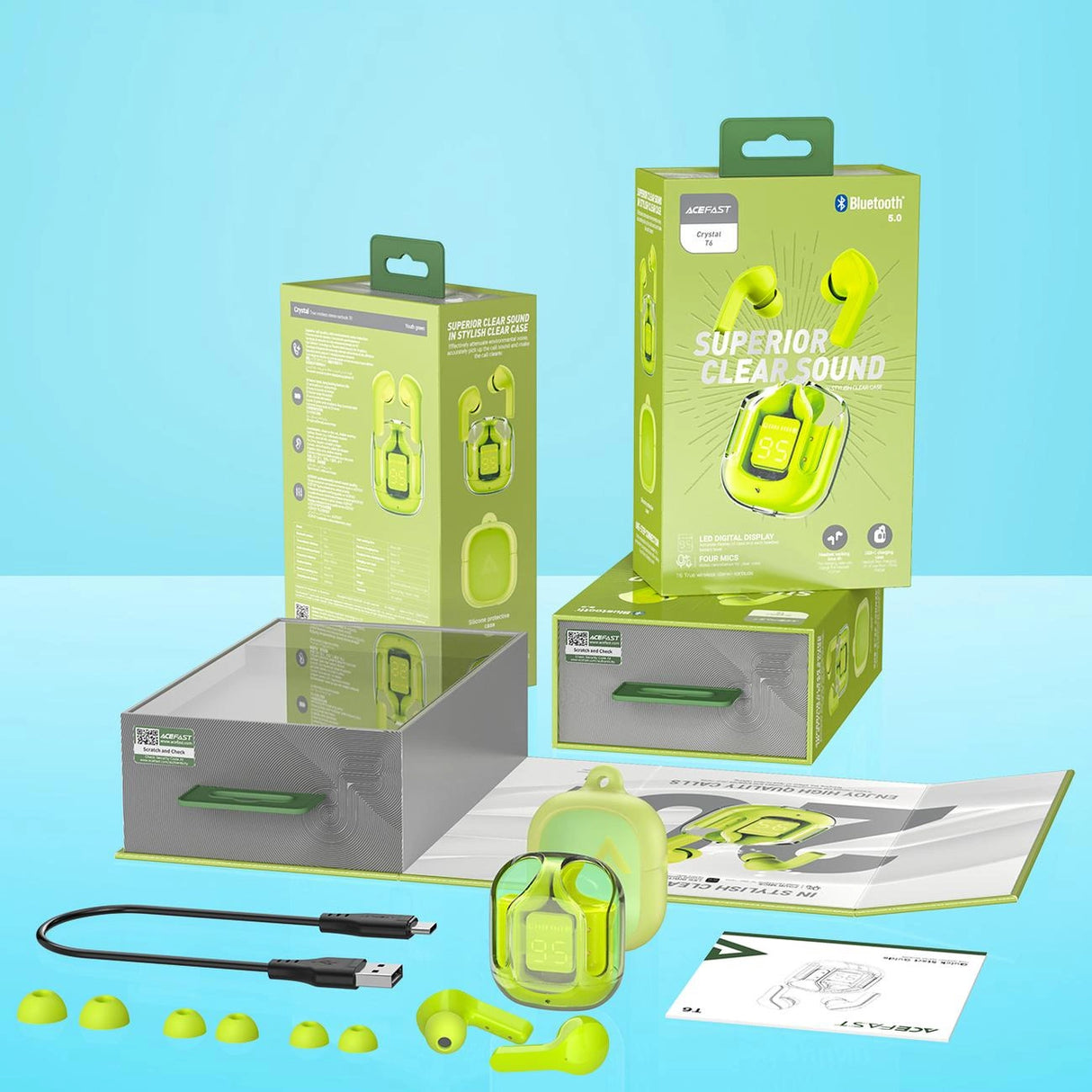 Acefast T6 TWS Bluetooth In-Ear trådløse hovedtelefoner - Grøn