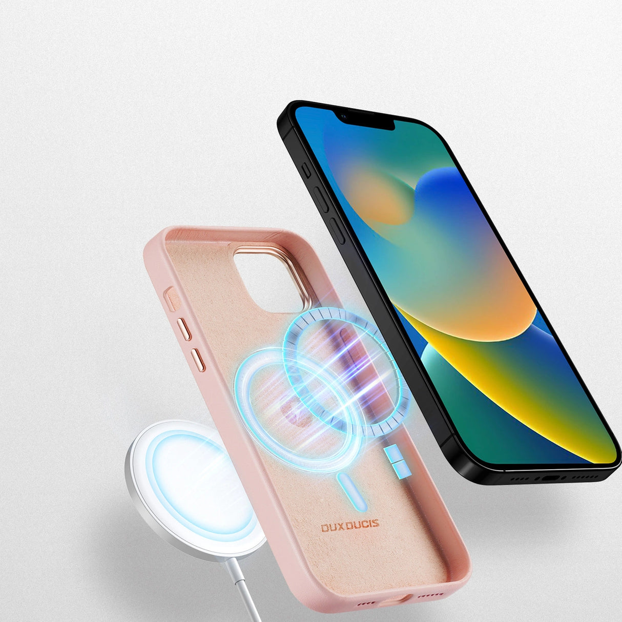 Dux Ducis Grit Leather Case for iPhone 14 Plus Elegant Faux Leather Cover (MagSafe Compatible) Pink