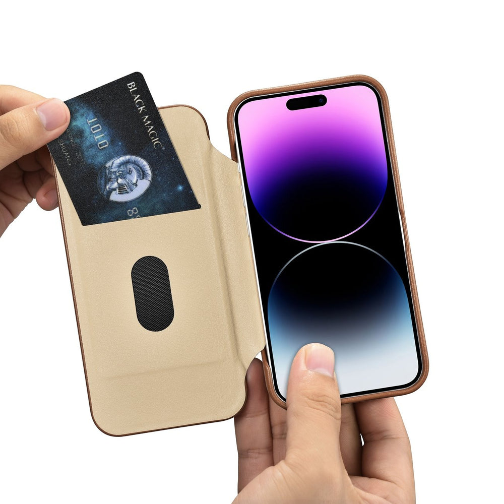 iCarer CE Premium læder Folio Case iPhone 14 Pro Magnetisk Flip læder Folio Case MagSafe brun (WMI14220714-BN)