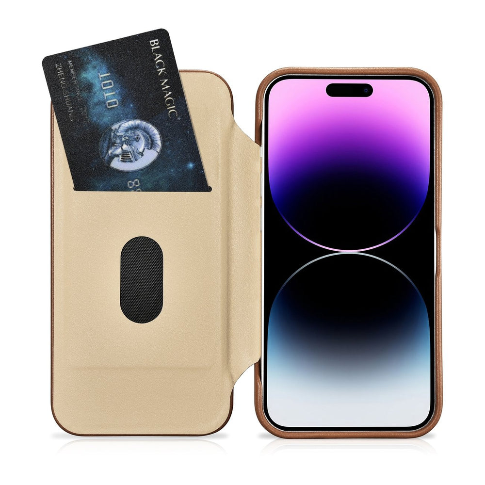 iCarer CE Premium læder Folio Case iPhone 14 Pro Magnetisk Flip læder Folio Case MagSafe brun (WMI14220714-BN)