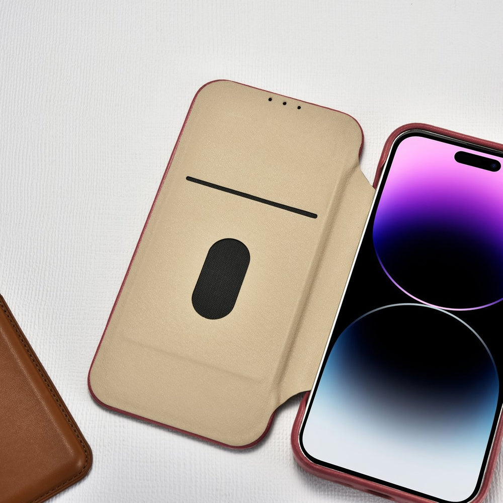 iCarer CE Premium Leather Folio Case iPhone 14 Pro Magnetisk Flip Leather Folio Case MagSafe Red (WMI14220714-RD)