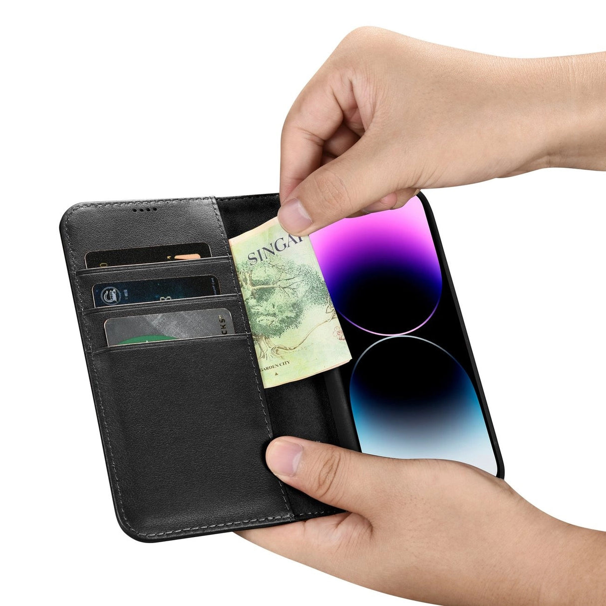 iCarer Wallet Case 2in1 Cover iPhone 14 Pro Læder Flip Cover Anti-RFID sort (WMI14220726-BK)