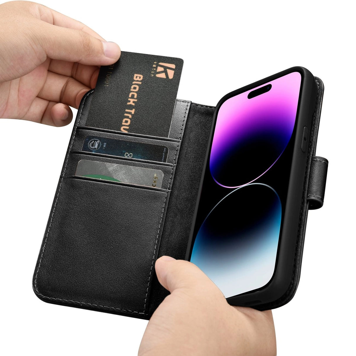 iCarer Wallet Case 2in1 Cover iPhone 14 Pro Læder Flip Cover Anti-RFID sort (WMI14220726-BK)