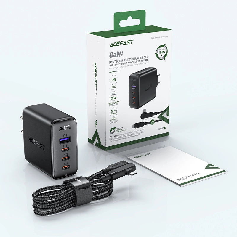 Acefast hurtigoplader GaN 3xUSB-C/1xUSB-A 100W sort + vinklet kabel USB-C - USB-C 100W 2m sort