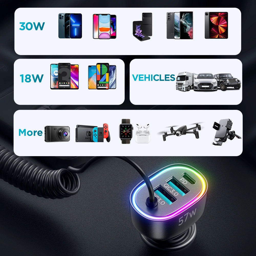 Joyroom hurtigbiloplader 4 i 1 PD, QC3.0, AFC, FCP med Lightning kabel 1,6m 57W sort (JR-CL20)