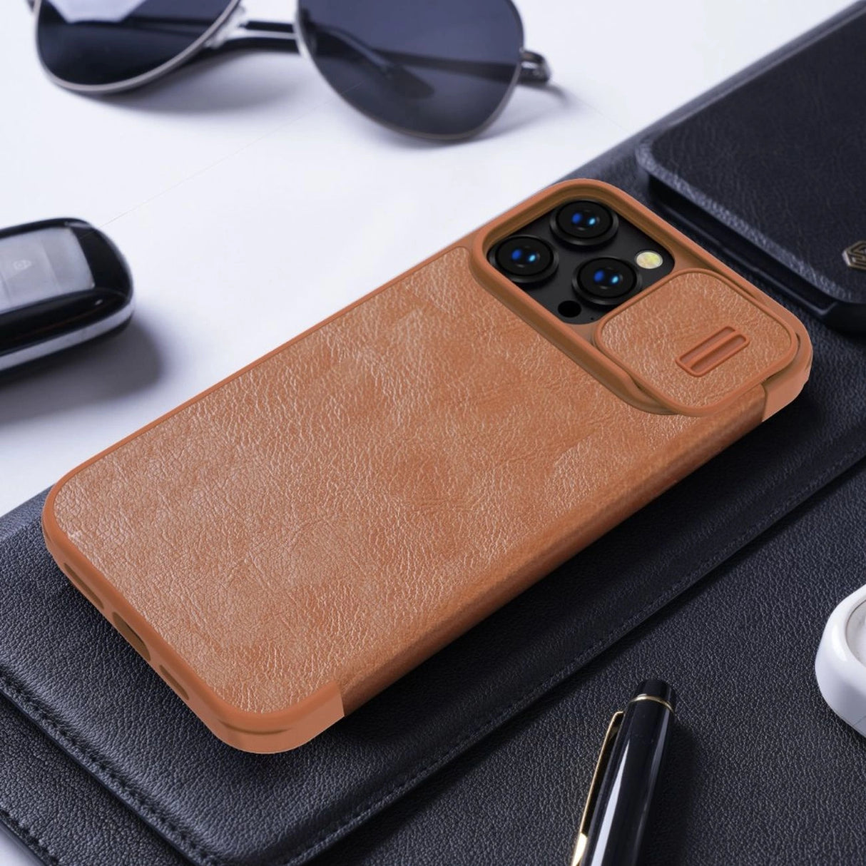 Nillkin Qin Leather Pro Case iPhone 14 Pro Max Camera Cover Holster Cover Flip Case Brown