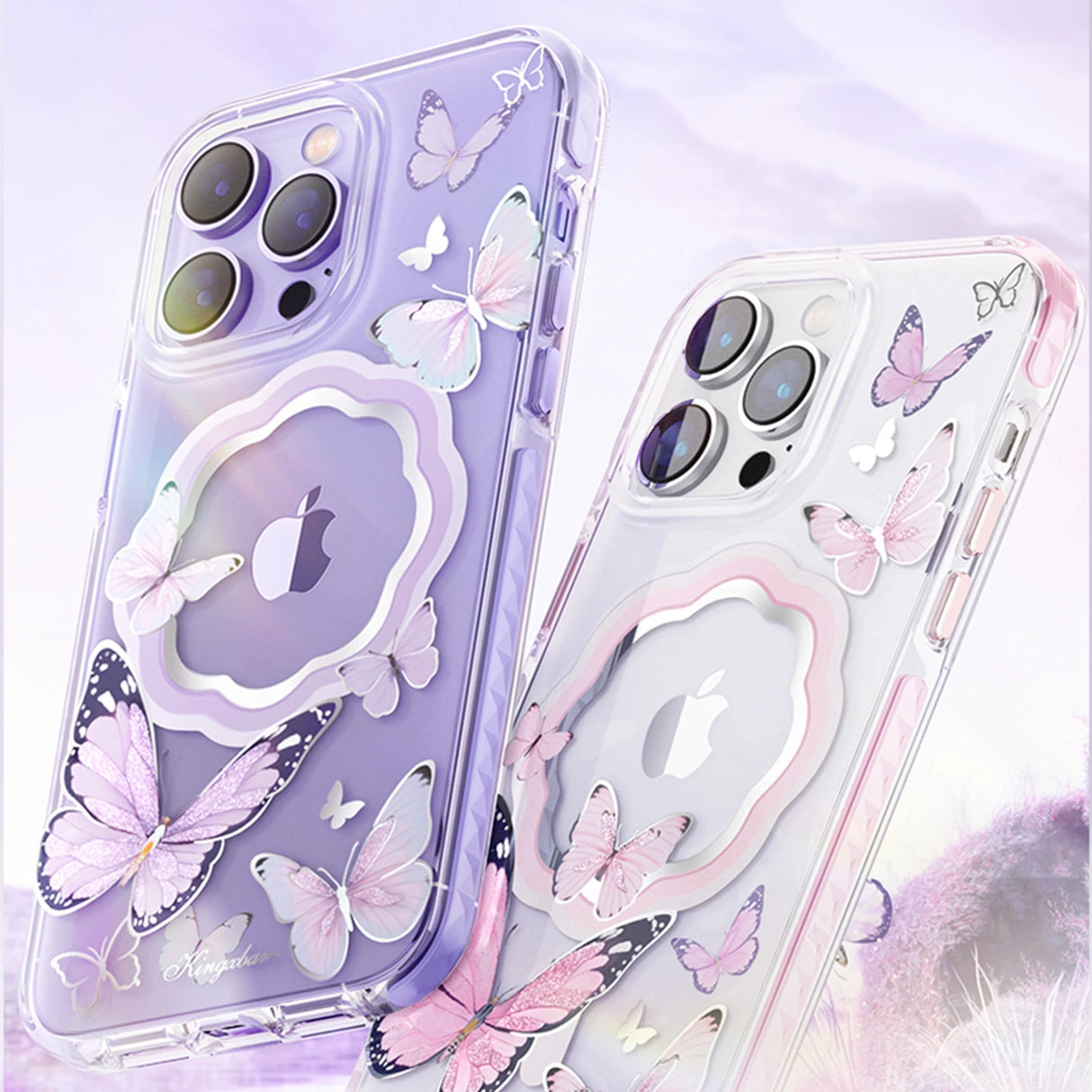 Kingxbar Butterfly Series magnetic case for iPhone 14 Plus MagSafe case with butterflies pink