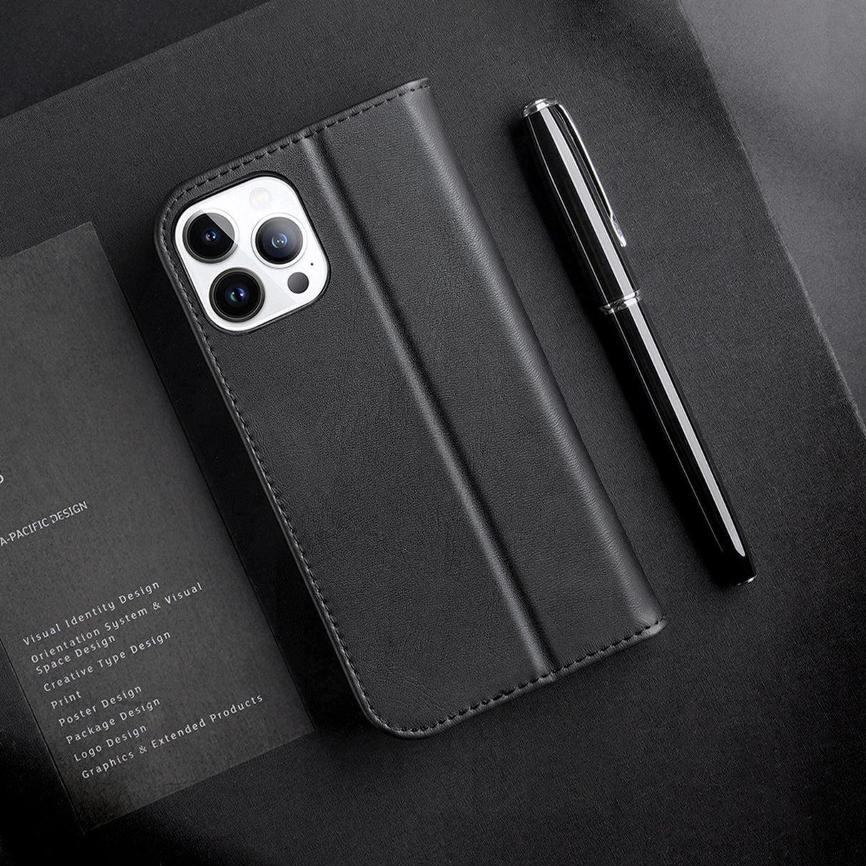 Dux Ducis Hivo Leather Flip Cover Genuine Leather Wallet for Cards and Documents iPhone 14 Pro Max Black