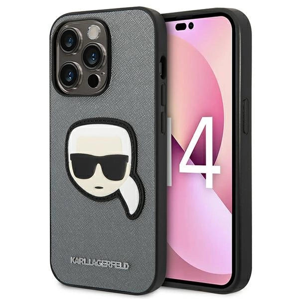 Karl Lagerfeld Saffiano Karl's Head Patch Case for iPhone 14 Pro - Silver