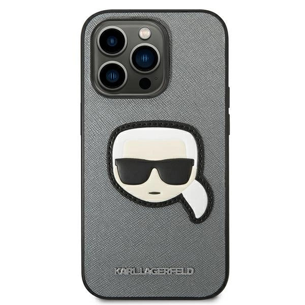Karl Lagerfeld Saffiano Karl's Head Patch Case for iPhone 14 Pro - Silver