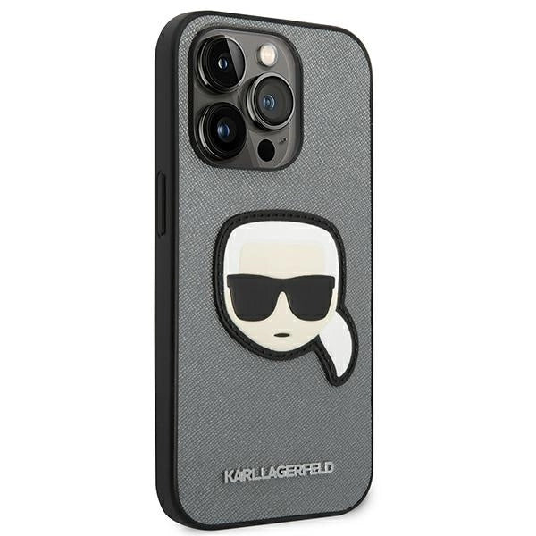 Karl Lagerfeld Saffiano Karl's Head Patch Case for iPhone 14 Pro - Silver