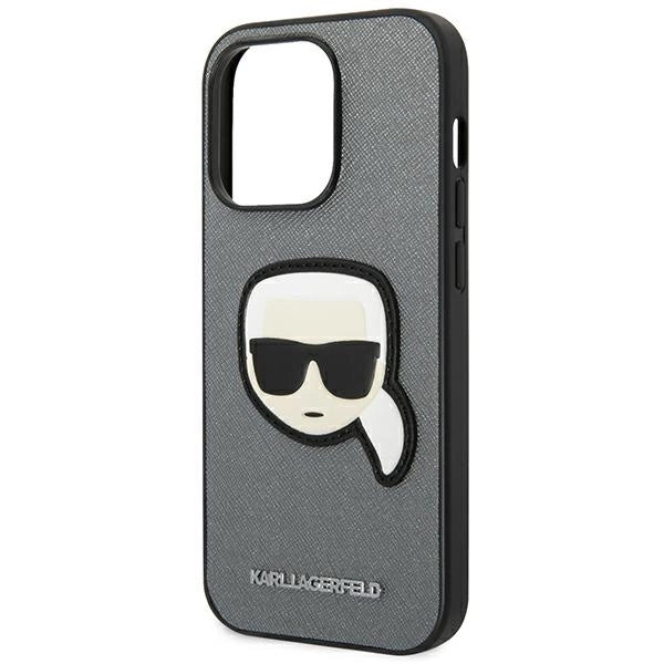 Karl Lagerfeld Saffiano Karl's Head Patch Case for iPhone 14 Pro - Silver