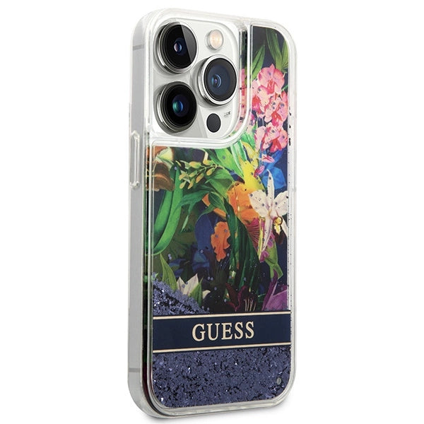 Guess GUHCP14LLFLSB iPhone 14 Pro 6.1 "blue / blue hardcase Flower Liquid Glitter