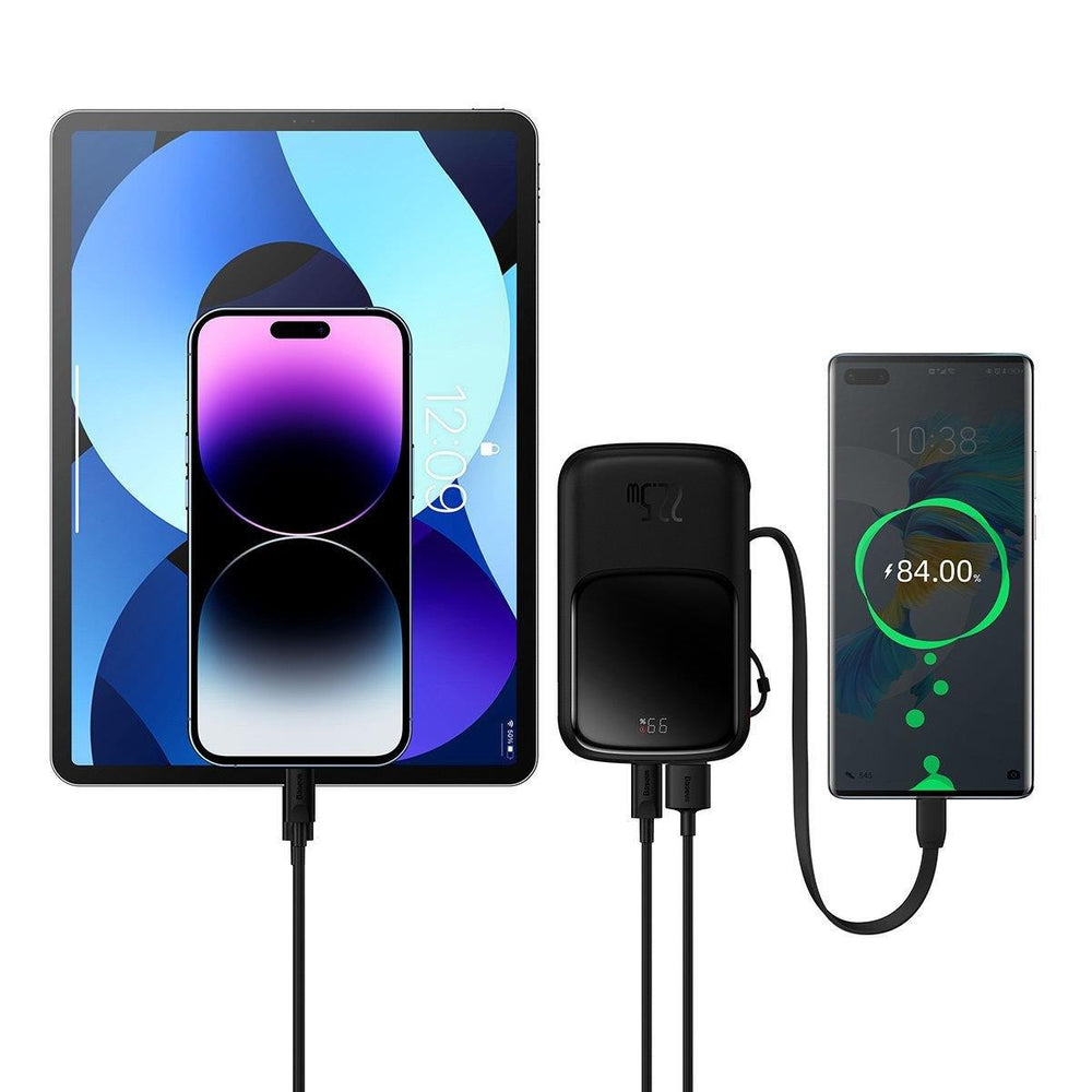 Baseus Qpow Digital Display Fast Charging Power Bank 10000mAh 22.5W QC/PD/SCP/FCP with Built-in USB-C Cable Black