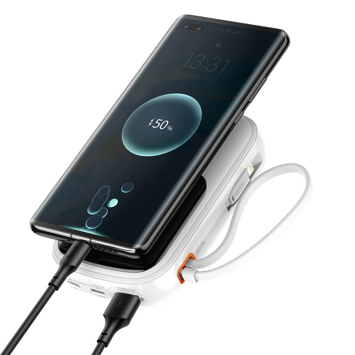 Baseus Qpow Digital Display powerbank med hurtig opladning 10000mAh 22.5W QC/PD/SCP/FCP med indbygget USB-C kabel hvid