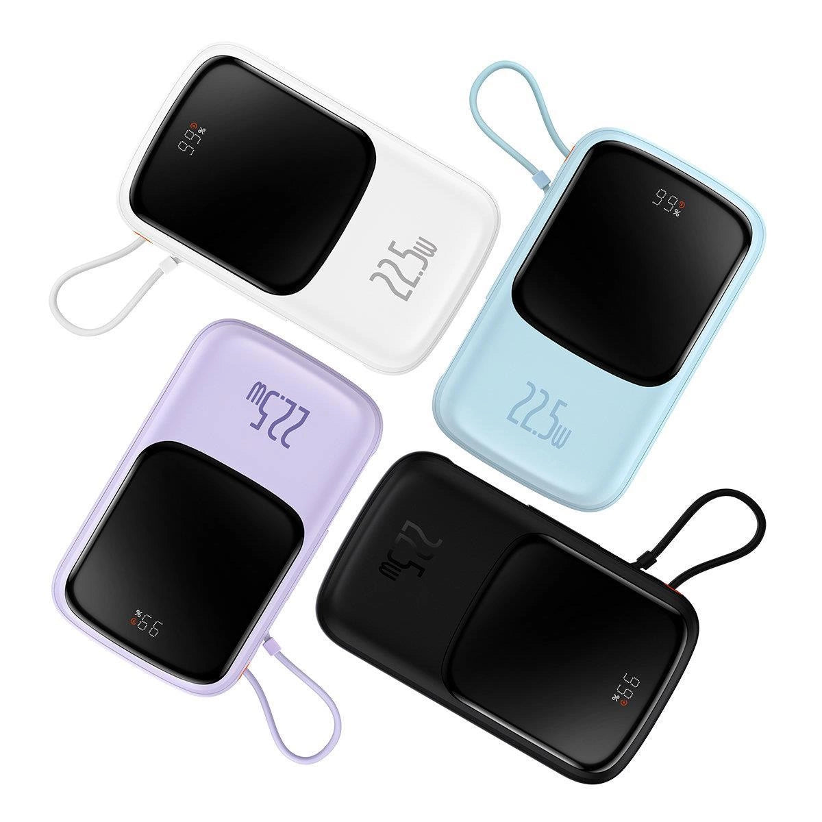 Baseus Qpow Digital Display powerbank med hurtig opladning 10000mAh 22.5W QC/PD/SCP/FCP med indbygget USB-C kabel hvid