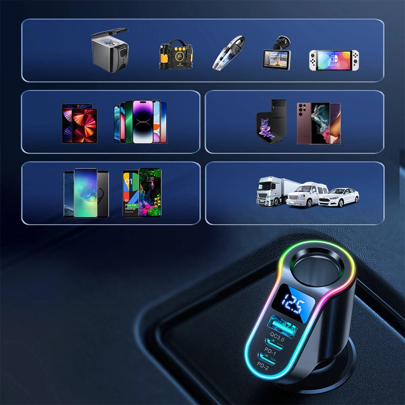 Joyroom hurtigbiloplader 4in1 USB-A QC3.0 / 2xUSB-C PD 150W sort (JR-CL21)