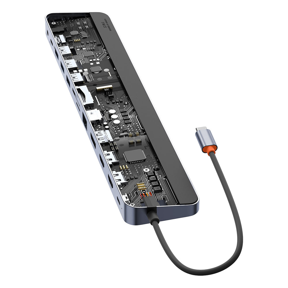 Baseus EliteJoy Gen2 Universal 12-in-1 USB HUB with 25cm USB-C Cable, Notebook Stand, USB-A / USB-C / DP / HDMI / SD / TF / RJ45 / 3.5mm Jack / PD 100W Gray (WKSX030213)