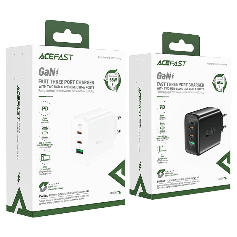 Acefast hurtigoplader GaN (2xUSB-C / USB-A) PPS / PD / QC4+ 65W sort (A41)