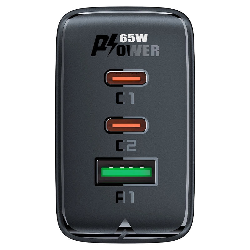 Acefast hurtigoplader GaN (2xUSB-C / USB-A) PPS / PD / QC4+ 65W sort (A41)