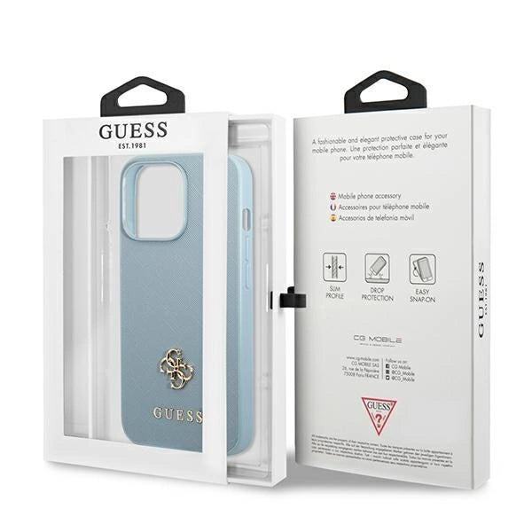 Guess Saffiano 4G Small Metal Logo-foder til iPhone 13 Pro Max - blå