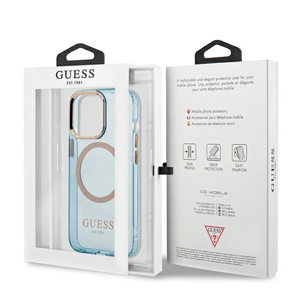 Guess Gold Outline Translucent MagSafe case for iPhone 13 Pro / iPhone 13 - blue