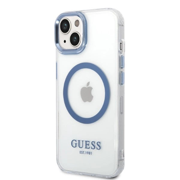 Guess Metal Outline MagSafe-hylster til iPhone 14 Plus - blå