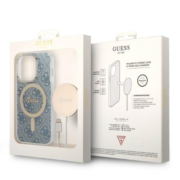 Set Guess GUBPP14LH4EACSB Case+ Charger iPhone 14 Pro 6.1" blue/blue hard case 4G Print MagSafe