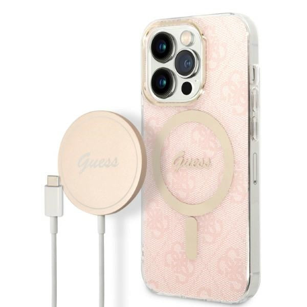 Set Guess GUBPP14LH4EACSP Case+ Charger iPhone 14 Pro 6,1" pink/pink hard case 4G Print MagSafe