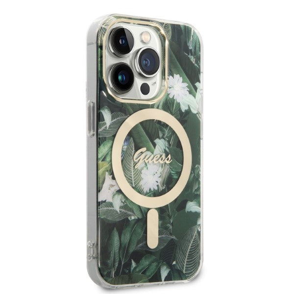 Set Guess GUBPP14LHJEACSA Case+ Charger iPhone 14 Pro 6.1" grøn/grøn hårdkasse Jungle MagSafe