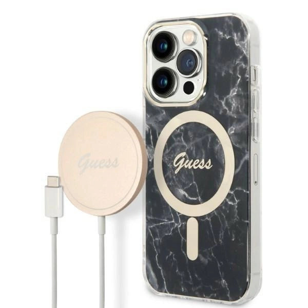 Set Guess GUBPP14LHMEACSK Case+ Charger iPhone 14 Pro 6.1" sort/sort hårdkasse Marble MagSafe