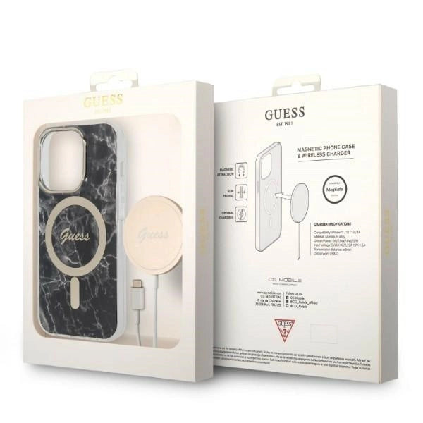 Set Guess GUBPP14LHMEACSK Case+ Charger iPhone 14 Pro 6.1" sort/sort hårdkasse Marble MagSafe