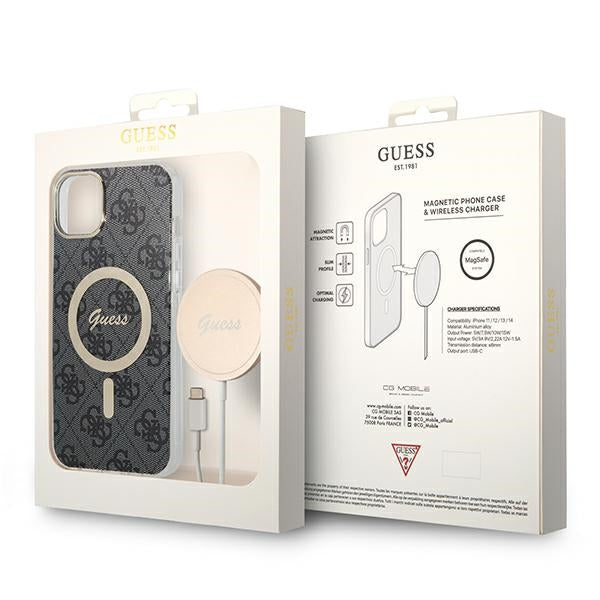 Set Guess GUBPP14SH4EACSK Case+ Charger iPhone 14 6.1" black/black hard case 4G Print MagSafe