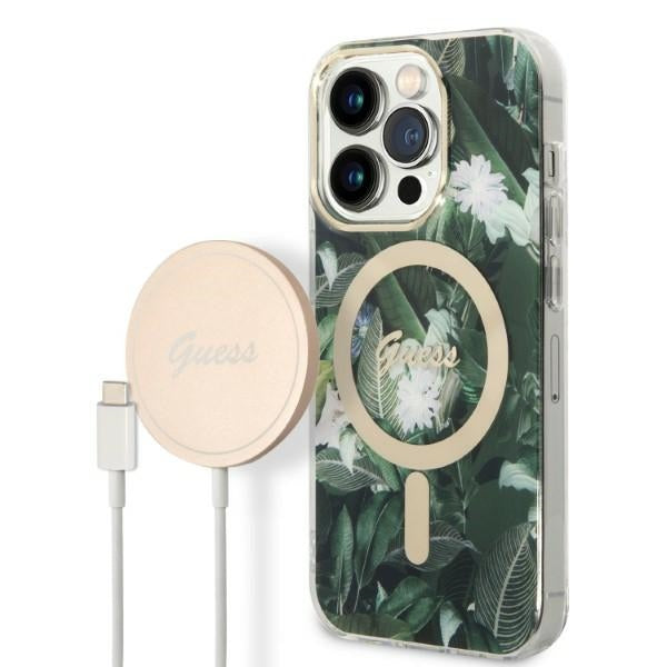 Set Guess GUBPP14XHJEACSA Case+ Charger iPhone 14 Pro Max 6,7" grøn/grøn hårdkasse Jungle MagSafe