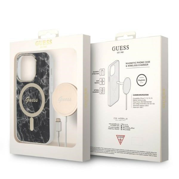 Set Guess GUBPP14XHMEACSK Case+ Charger iPhone 14 Pro Max 6.7" black/black hard case Marble MagSafe