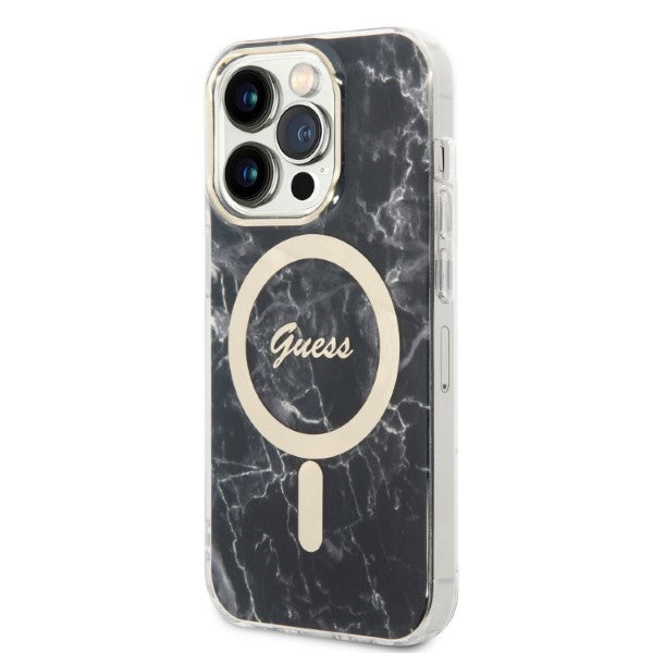 Set Guess GUBPP14XHMEACSK Case+ Charger iPhone 14 Pro Max 6.7" black/black hard case Marble MagSafe