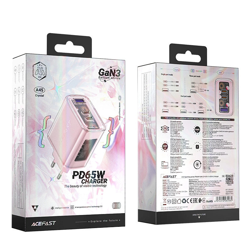Acefast oplader GaN 65W 3 porte (1xUSB, 2xUSB C) pink (A45)