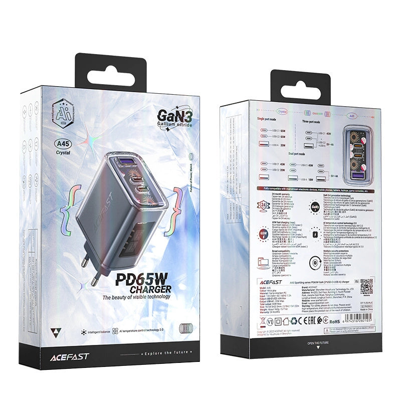 Acefast oplader GaN 65W 3 porte (1xUSB, 2xUSB C) grå (A45)