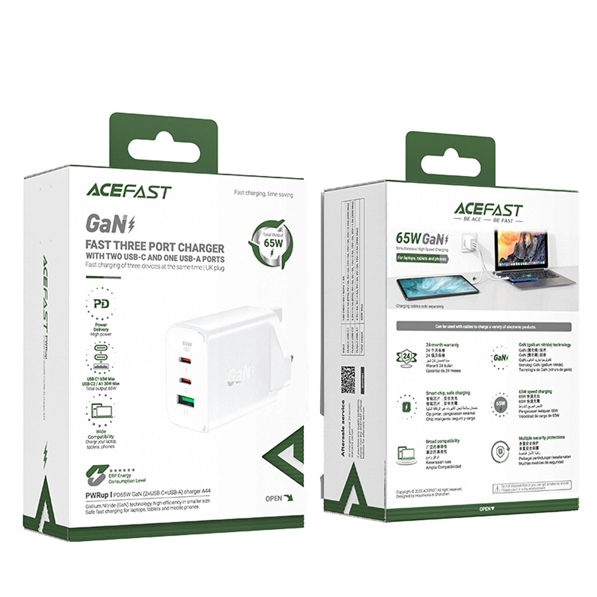 Acefast oplader GaN 65W 3 porte (1xUSB, 2xUSB C PD) UK stik hvid (A44)