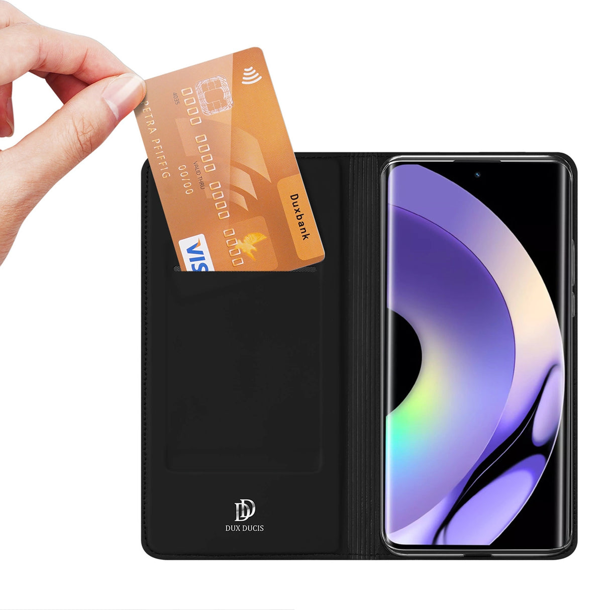 Dux Ducis Skin Pro-kasse til Realme 10 Pro+ flip cover kort tegnebog stativ sort