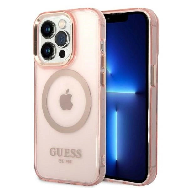 Guess GUHMP14LHTCMP iPhone 14 Pro 6.1" pink/pink hård forside Gold Outline Translucent MagSafe