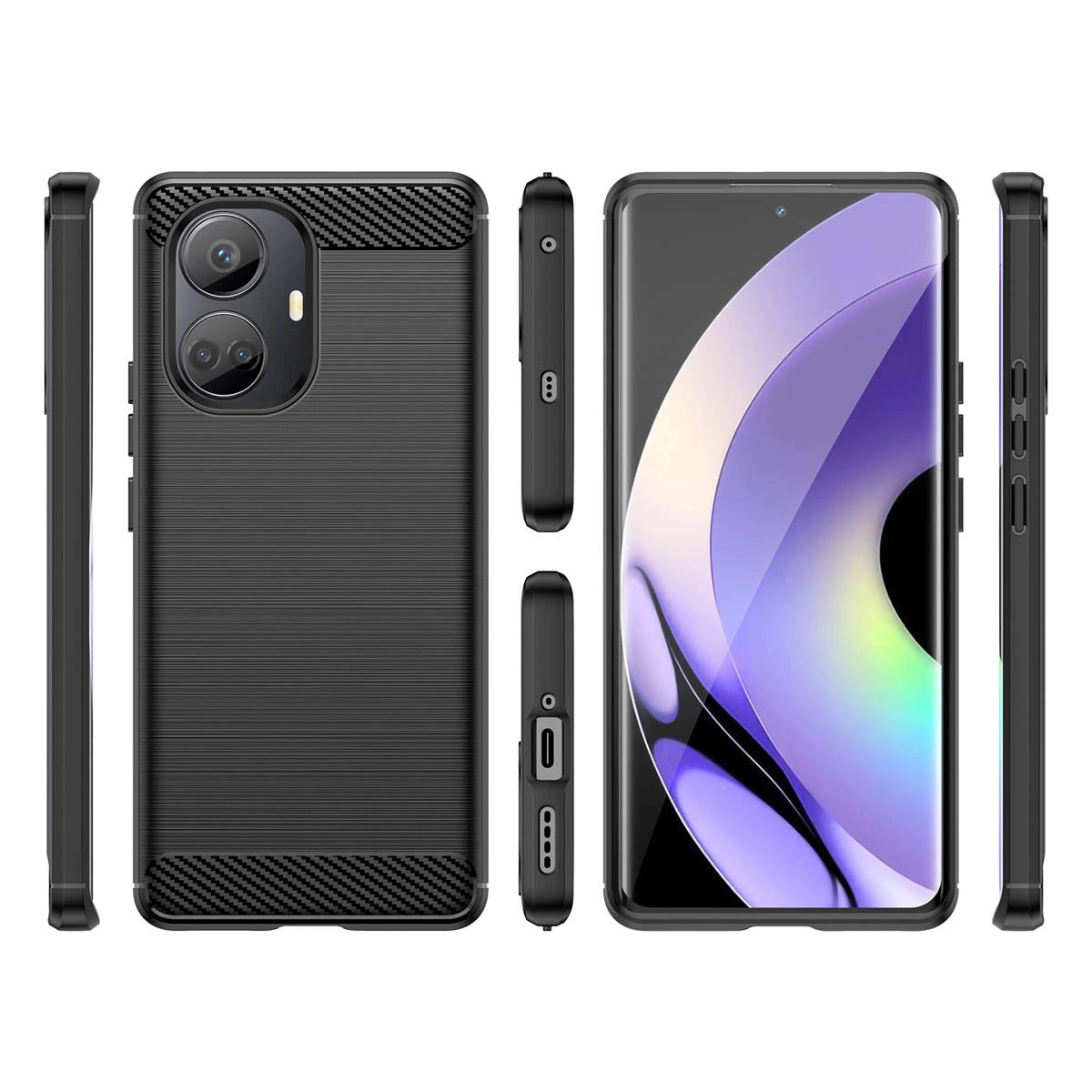Carbon Case til Realme 10 Pro+ fleksibelt silikone carbon cover sort