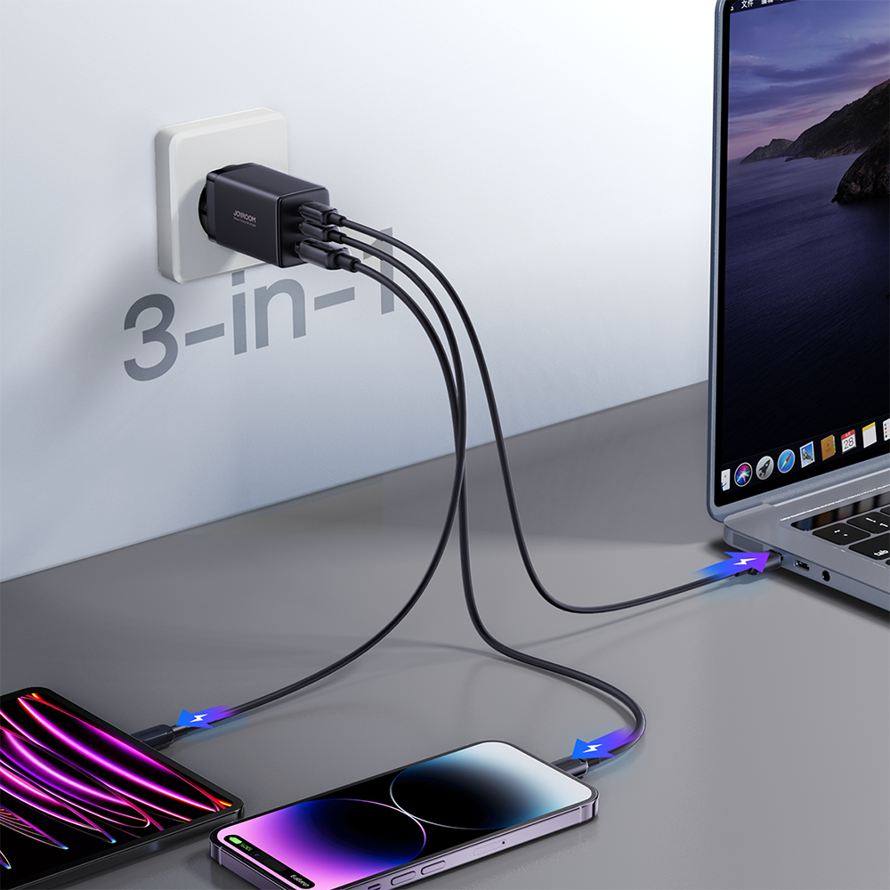 Joyroom hurtig GaN oplader 65W USB-A, 2x USB-C sort + USB-C - USB-C kabel 100W 1,2m (TCG01)